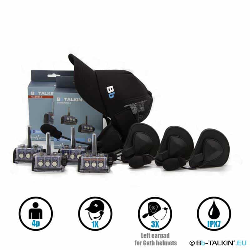 BbTalkin 3.0 4p pack with surf cap and 3x mono helmet pad headset for GATH helmets