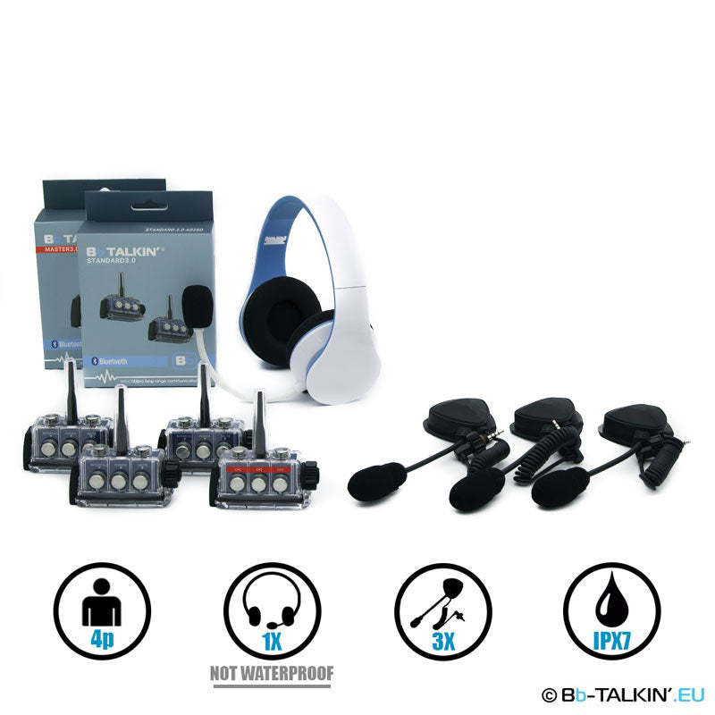 BbTalkin 3.0 4-Person Communication Bundle: Non Waterproof Stereo Headphone + 3x Boom microphone speaker