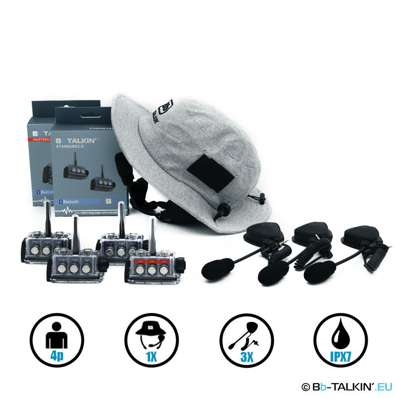 BbTalkin 3.0 4-Person Communication Bundle: Surf Hat + 3x Boom microphone speaker