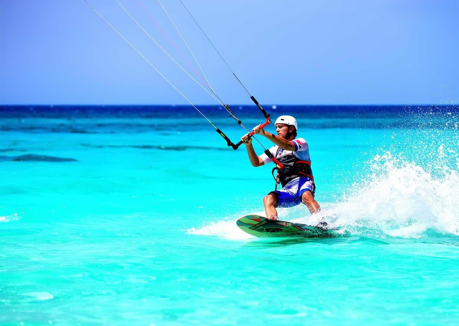 Person kite surfing on a clear blue ocean