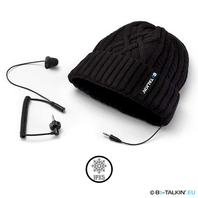 BbTalkin audio beanie with microphone and IPX5 waterproof rating for winter sports