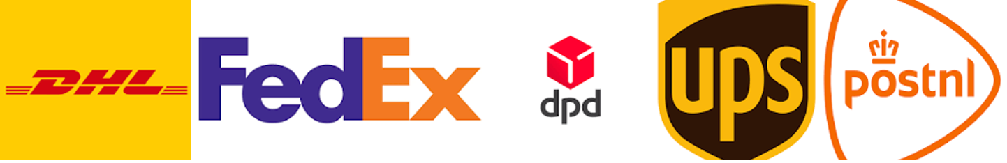 Logos of DHL, FedEx, dpd, UPS, and PostNL on a white background