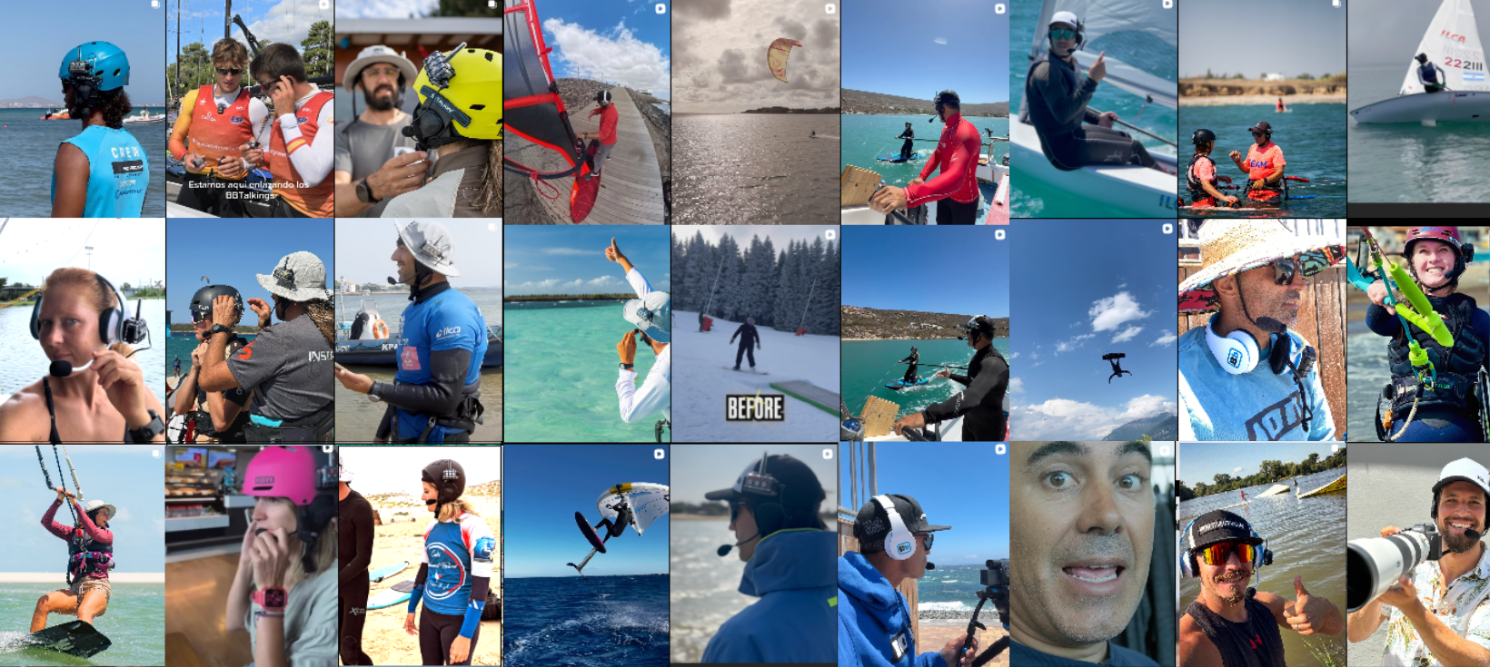 Collage of watersports athletes and instructors using communication headsets across various activities, showing real-world use of waterproof intercom systems.
