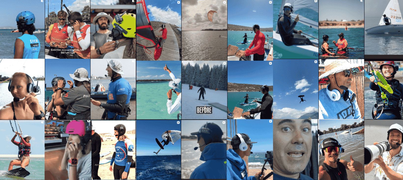 Collage of watersports athletes and instructors using communication headsets across various activities, showing real-world use of waterproof intercom systems.