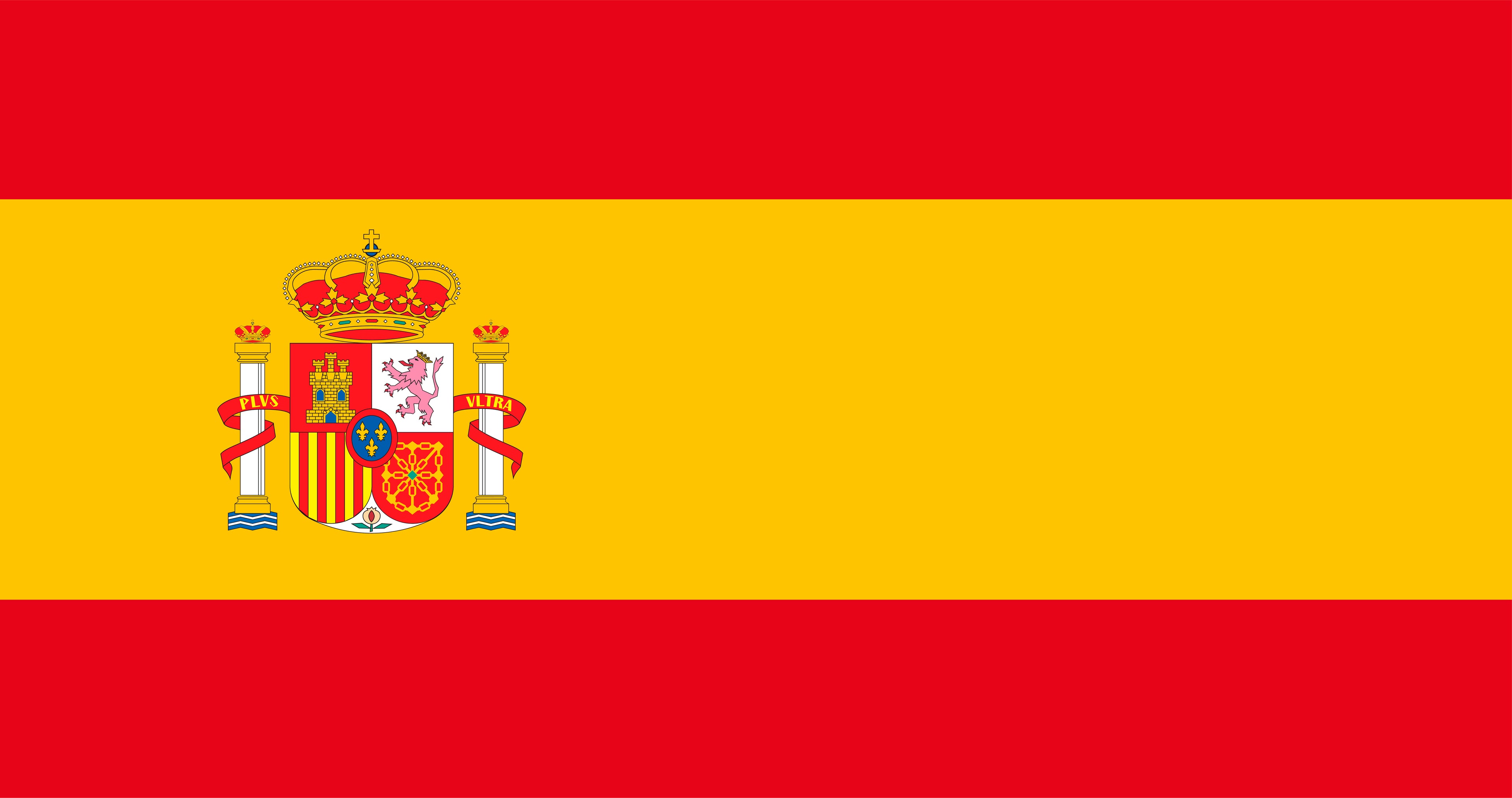 Flag of Spain with a red and yellow horizontal design featuring a coat of arms.