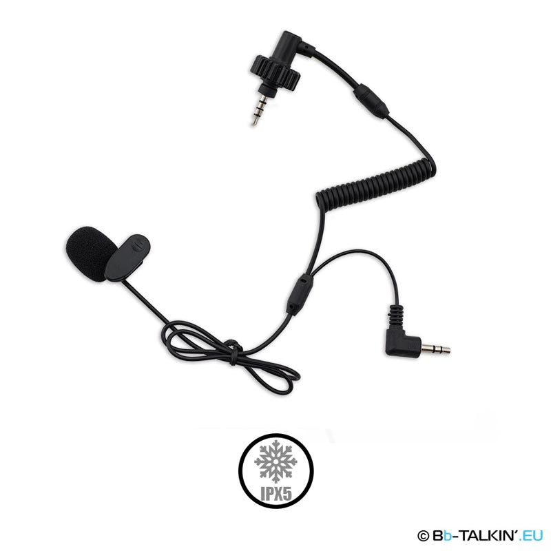 Sněhový mikrofon BbTalkin se spirálovým kabelem, připevňovacím klipem a 3,5mm audio konektorem s krytím IPX5