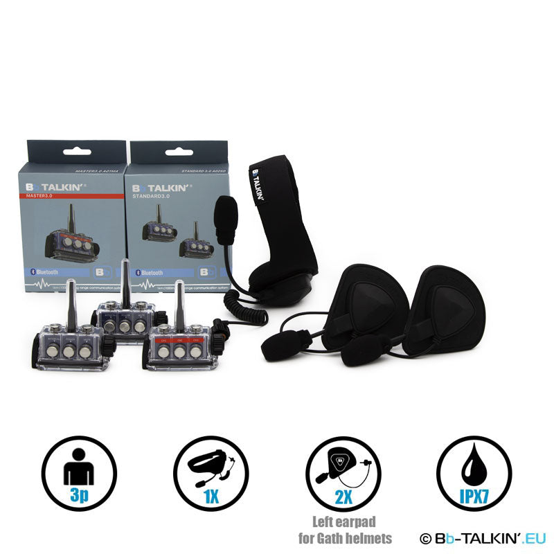 BbTalkin 3.0 3-Personen-Kommunikationspaket: Sport-Headset + 2x GATH (Vollschalen-)Helm-Headset