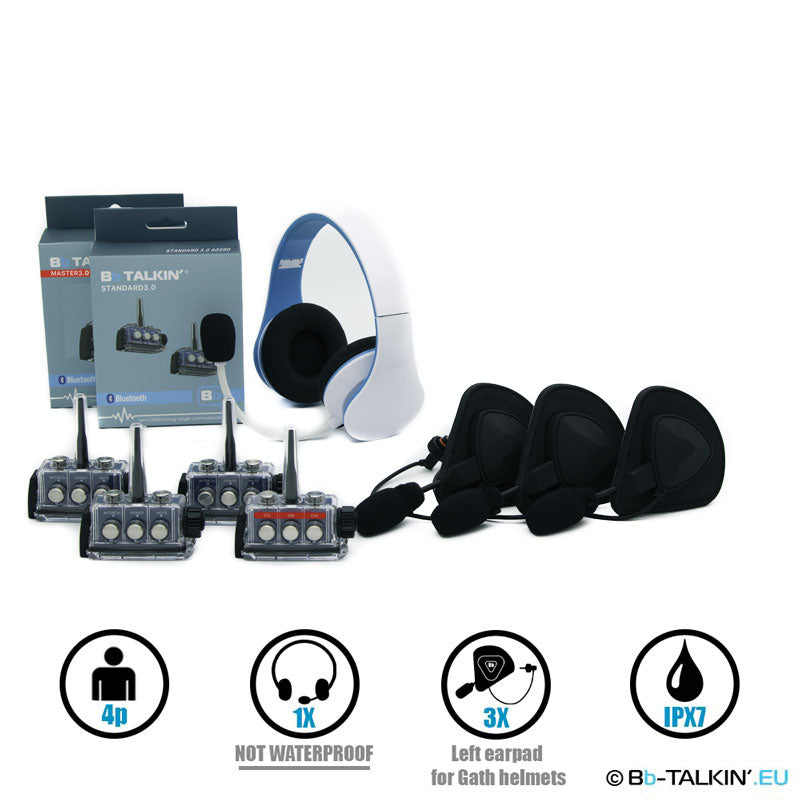 BbTalkin 3.0 Kommunikationspaket für 4 Personen: Nicht wasserdichter Stereo-Kopfhörer + 3x GATH (Vollschalen-) Helm-Headset