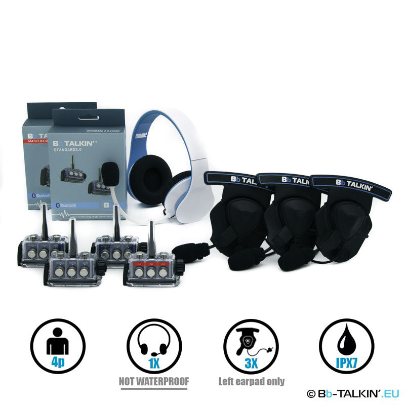 BbTalkin 3.0 Kommunikationspaket für 4 Personen: Nicht wasserdichter Stereo-Kopfhörer + 3x Mono-Helm-Headset