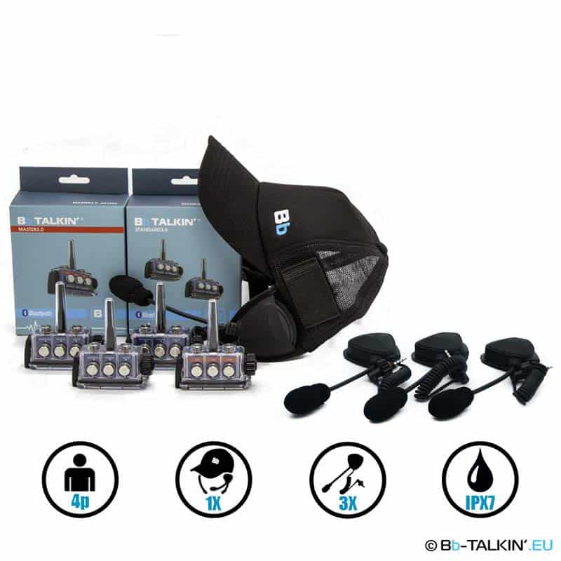 BbTalkin 3.0 Kommunikationspaket für 4 Personen: Surf Cap + 3x Boom-Mikrofonlautsprecher