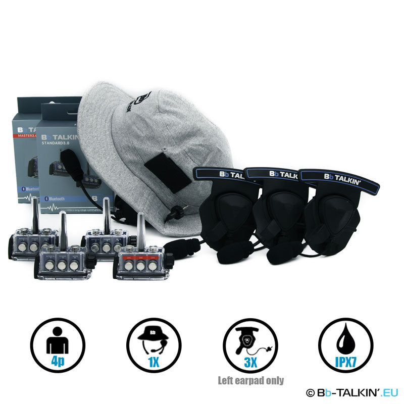 Paquete de comunicación BbTalkin 3.0 para 4 personas: gorra de surf + 3 auriculares con almohadilla para casco Mono