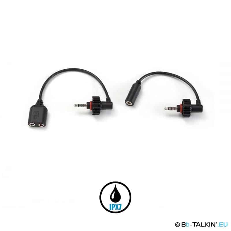 Juego de conectores múltiples BbTalkin con dos cables de audio negros con conectores de 3,5 mm y conectores de válvula de tornillo impermeables.