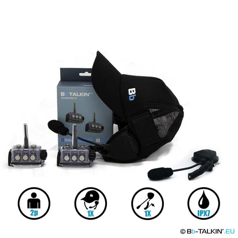 Ensemble de communication pour 2 personnes BbTalkin 3.0 : casquette de surf + microphone à perche