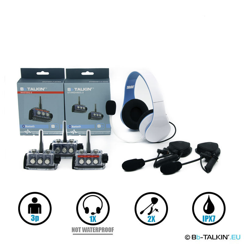 Ensemble de communication BbTalkin 3.0 pour 3 personnes : casque stéréo non étanche + 2 microphones à perche avec haut-parleur