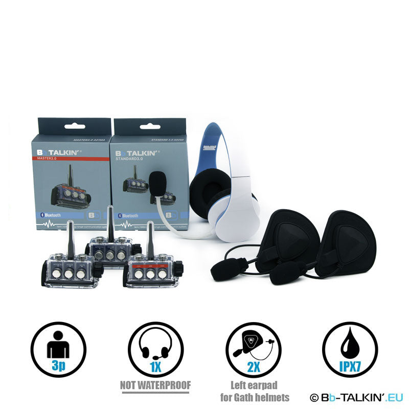 Ensemble de communication BbTalkin 3.0 pour 3 personnes : casque stéréo non étanche + 2 casques GATH (coque intégrale) avec coussinets