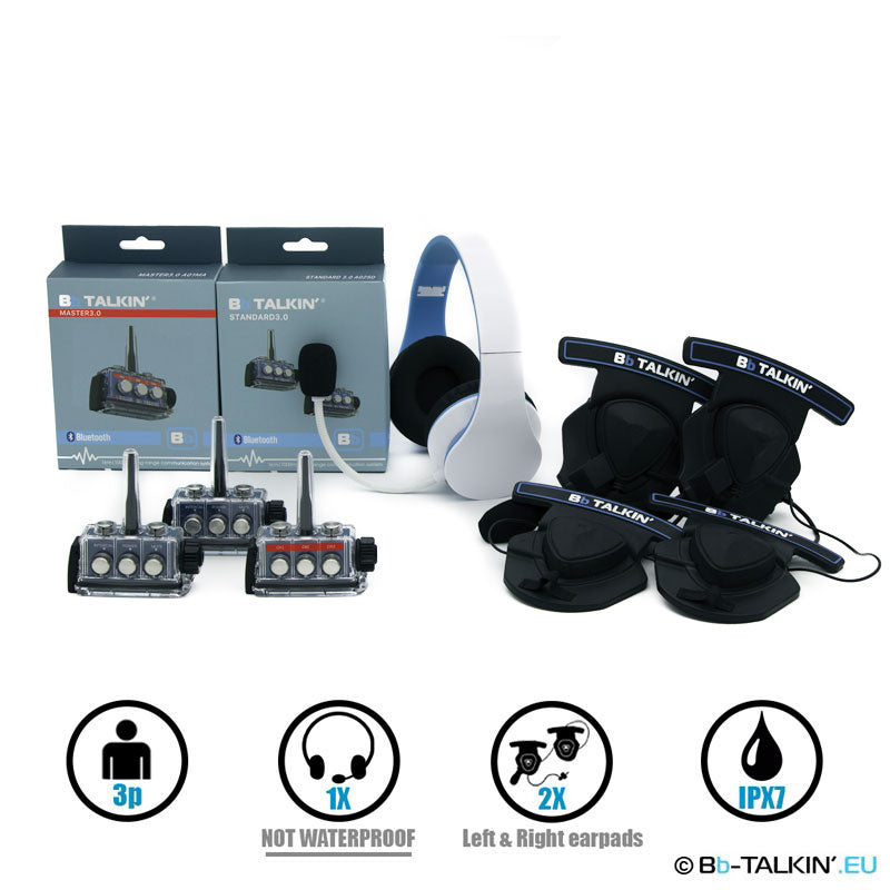 Ensemble de communication BbTalkin 3.0 pour 3 personnes : casque stéréo non étanche + 2 casques stéréo à coussinets pour casque