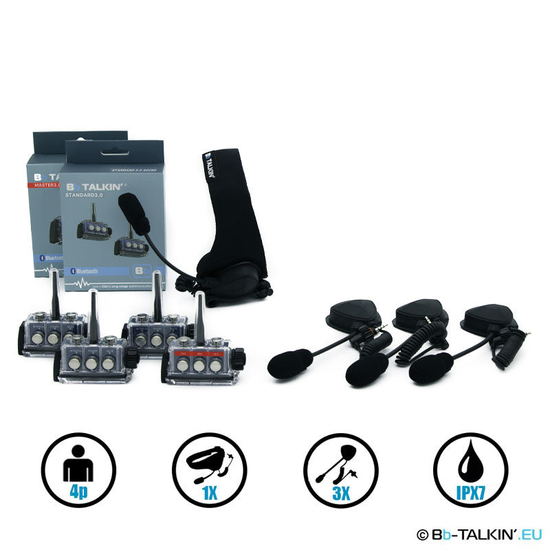 Ensemble de communication BbTalkin 3.0 pour 4 personnes : casque sport + 3 microphones à perche