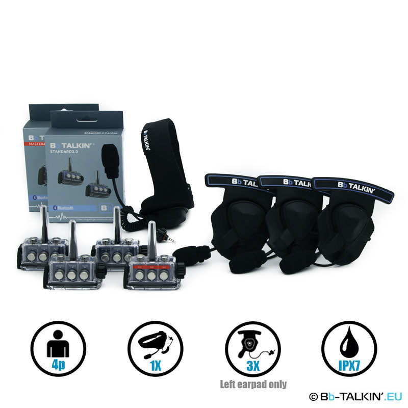 Ensemble de communication BbTalkin 3.0 pour 4 personnes : casque sport + 3 casques mono avec coussinets