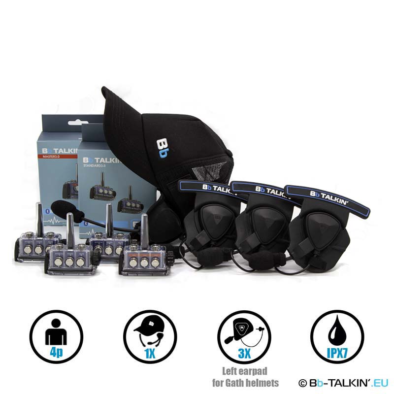 Ensemble de communication BbTalkin 3.0 pour 4 personnes : casquette de surf + 3 casques mono avec oreillettes