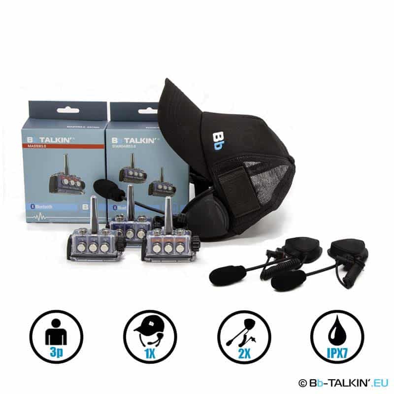 BbTalkin 3.0 Pacchetto di comunicazione per 3 persone: Surf Cap + 2 microfoni con asta e altoparlante