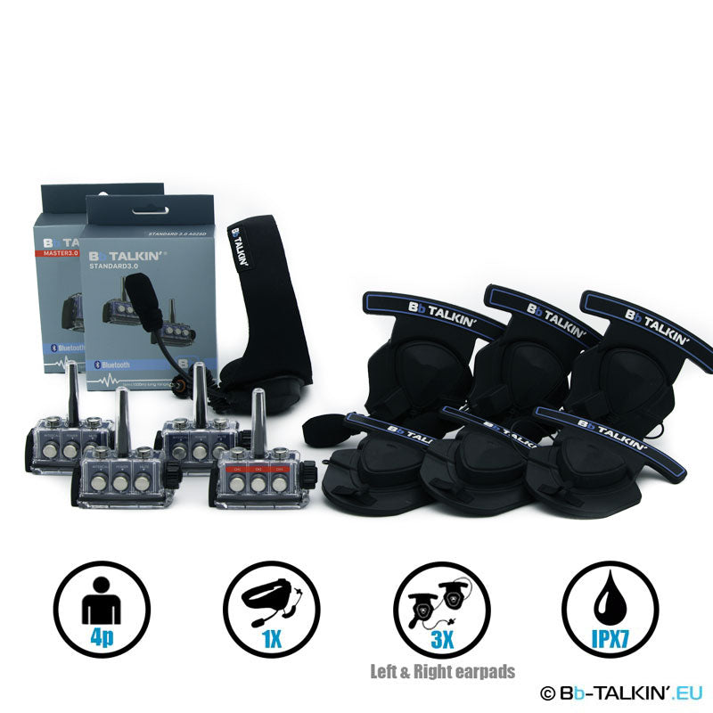 BbTalkin 3.0 Pacchetto di comunicazione per 4 persone: cuffie sportive + 3 cuffie stereo con imbottitura per casco