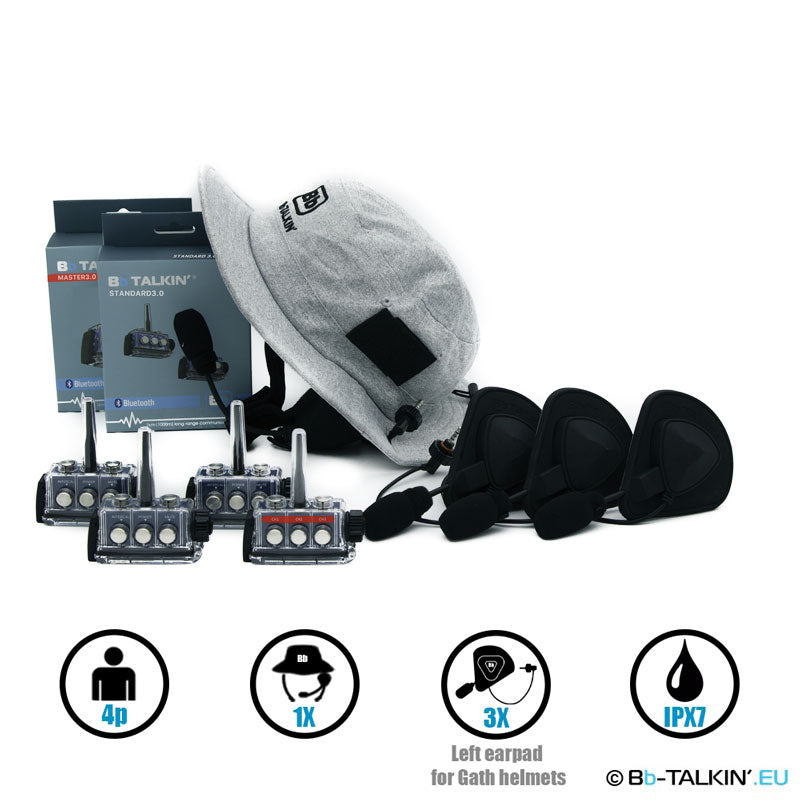 BbTalkin 3.0 Pacchetto di comunicazione per 4 persone: Cappello da surf + 3x GATH (guscio completo) Cuffie con imbottitura per casco