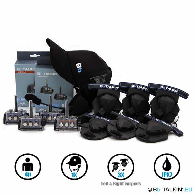 Zestaw komunikacyjny BbTalkin 3.0 dla 4 osób: czapka surfingowa + 3x zestaw słuchawkowy stereo z poduszkami na kask