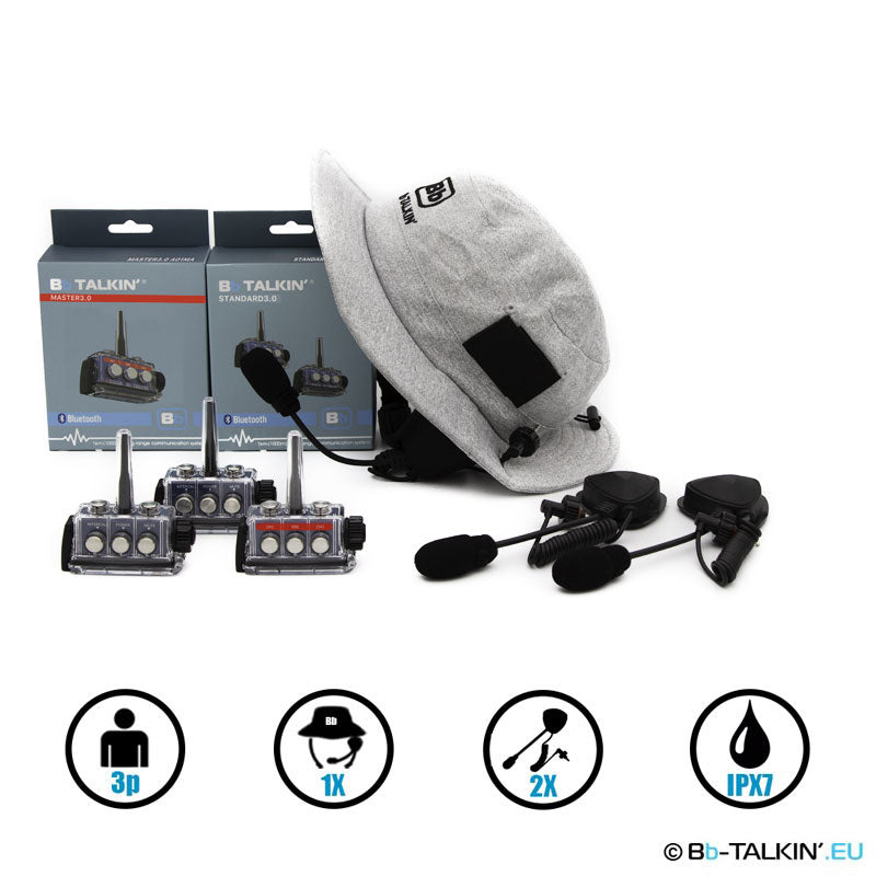 Pacote de comunicação para 3 pessoas BbTalkin 3.0: Chapéu de surf + 2 microfones com altifalante Boom