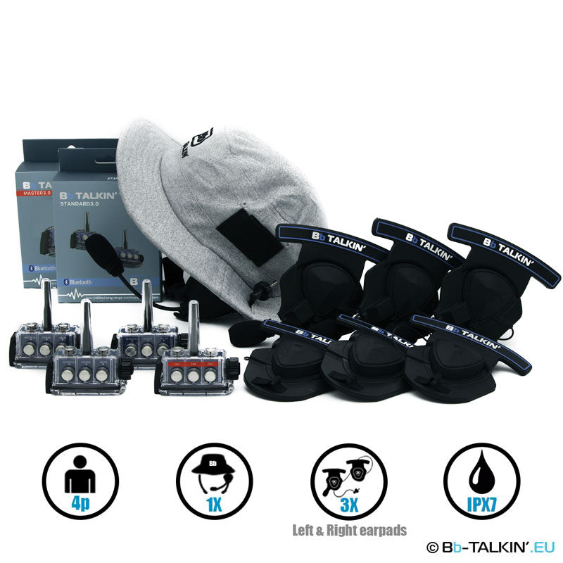 Pacote de comunicação BbTalkin 3.0 para 4 pessoas: chapéu de surf + 3x auscultadores estéreo com almofada para capacete